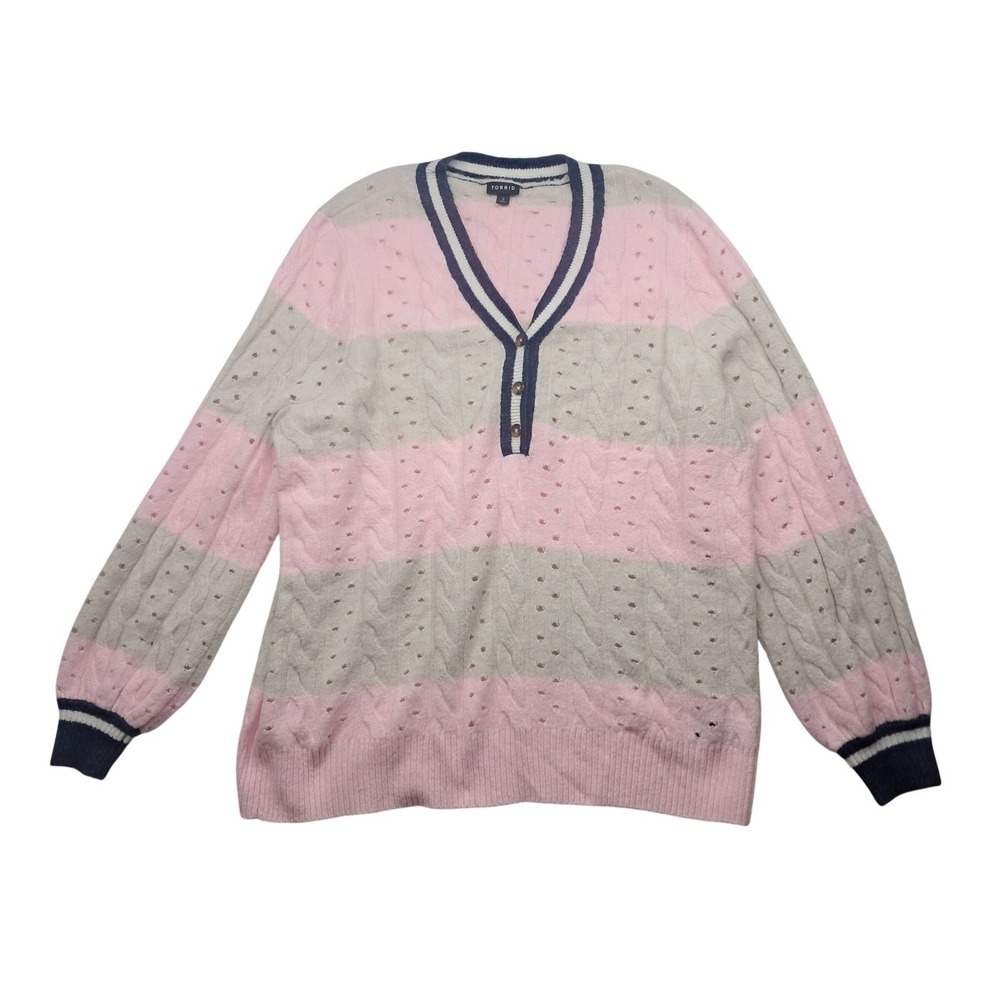 Torrid Sweater Womens 3 Pink Tan Striped Henley Cable Knit Pointelle Varsity